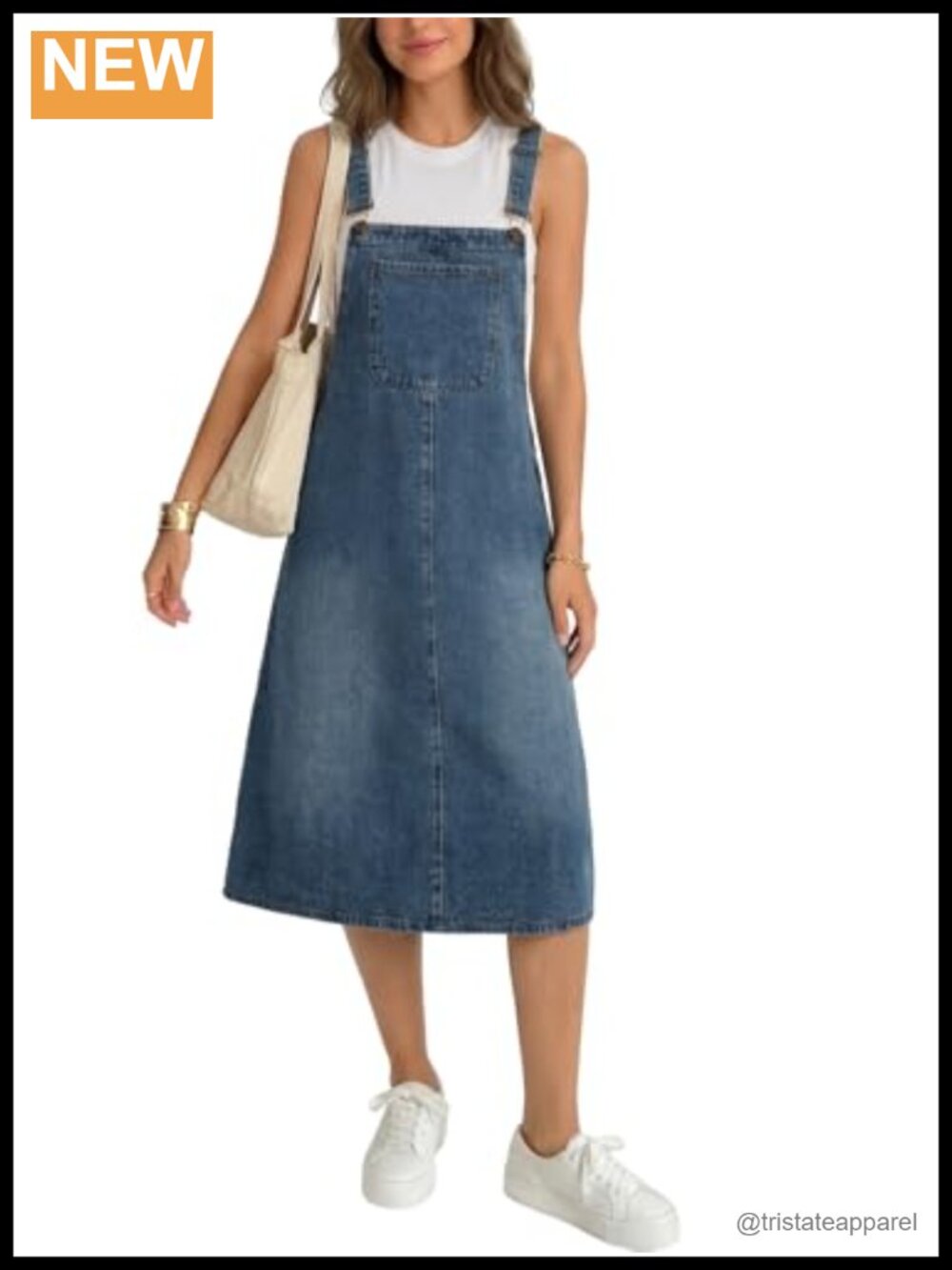 Vintage Denim Jumper Dress A-Line Tea Length Sleeveless Overall Dress